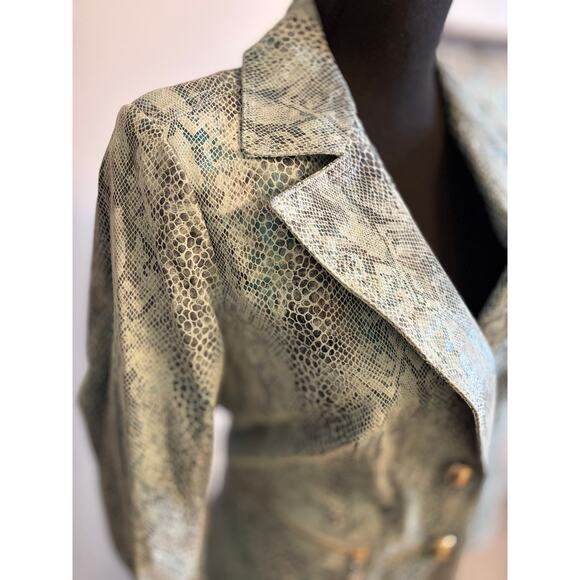 PAMELA MCCOY Turquoise Suede Foil Snake Print Leather Blazer Jacket - Picture 2 of 11